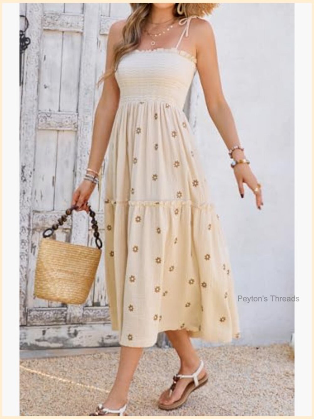 100% Cotton Square Neck Sleeveless Midi Dress with Tie Shoulders and Floral - Picture 4 of 7